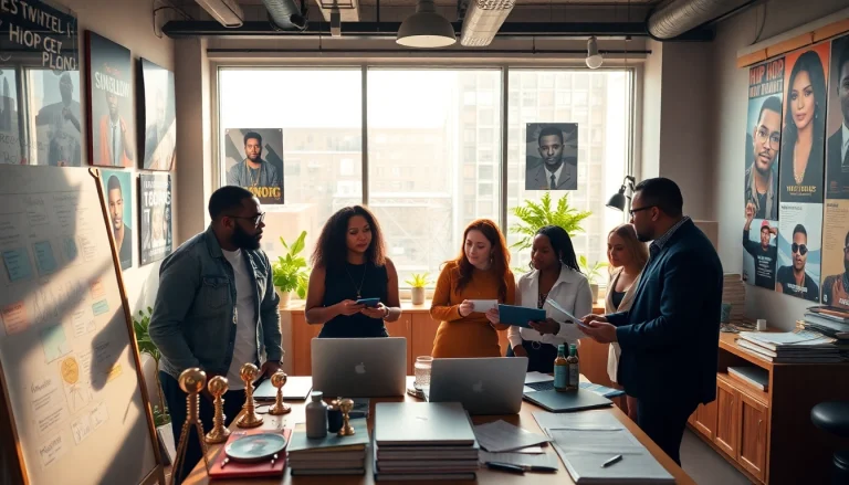 Hip hop pr agency team collaborating creatively in a vibrant office.