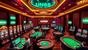 Experience the thrill of JUN88 online gambling with vibrant casino visuals featuring poker and roulette.