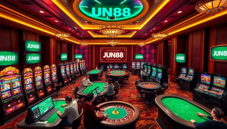 Experience the thrill of JUN88 online gambling with vibrant casino visuals featuring poker and roulette.