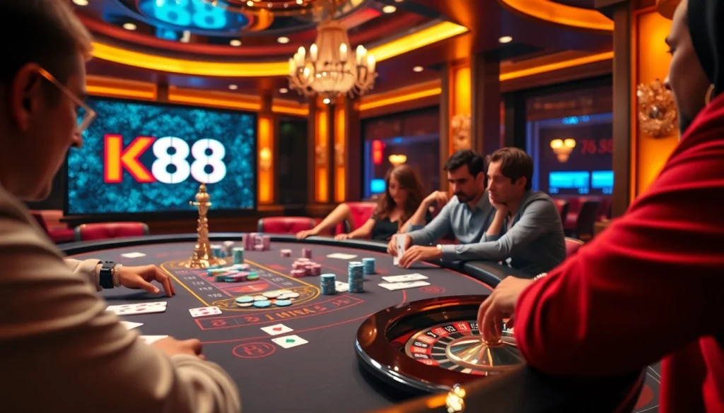 K88 casino players betting at a luxurious poker table with vibrant chips and cards.