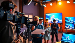 Creating engaging corporate video production with a collaborative film crew in a vibrant studio.