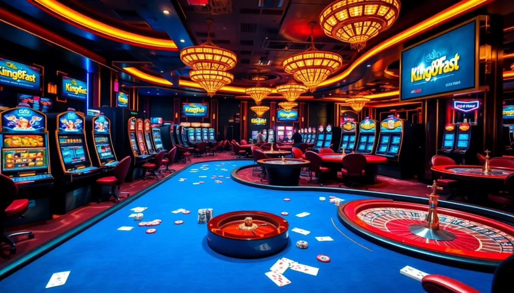 Experience thrilling gaming at king88.fast, featuring vibrant slot machines and poker tables illuminated in luxury.