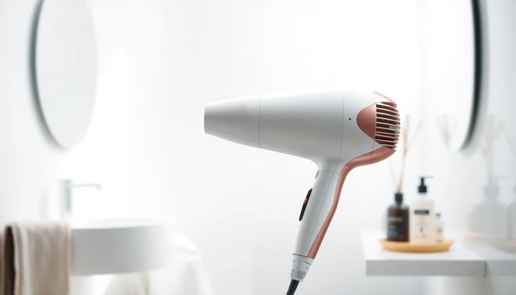 Showcase the laifen se high-speed hair dryer in a stylish bathroom setting, emphasizing its modern design.