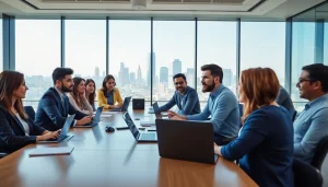 Business professionals collaborating in a modern office setting, reflecting teamwork and innovation.