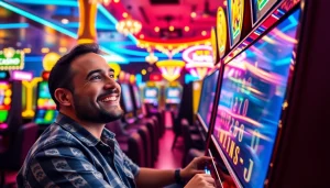 Pemain bahagia menikmati permainan slot di petanitoto dengan suasana kasino yang ceria.