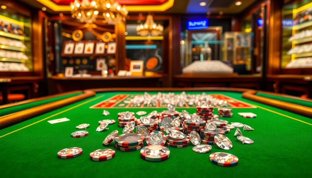 Engage with 網上鑽石 showcased on a luxurious casino table with scattered poker chips and brilliant diamonds.