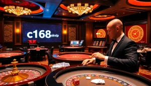 Experience thrilling casino action with c168 okvip at the poker tables, vibrant and professional atmosphere.