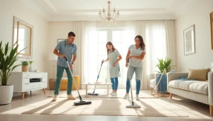 Cleaning service team working in a bright home, demonstrating professionalism and teamwork.
