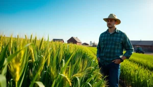 Evaluate agricultural law practices with a farmer in a thriving field showcasing rich crops.