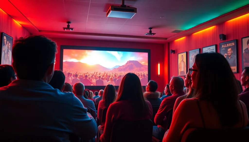 Exciting film screening atmosphere filled with diverse moviegoers enjoying a captivating scene.