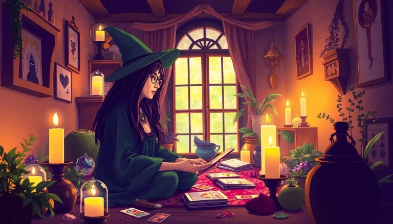 Engaging intuitive reader at https://julielynn.co providing mystical guidance in a candlelit setting.