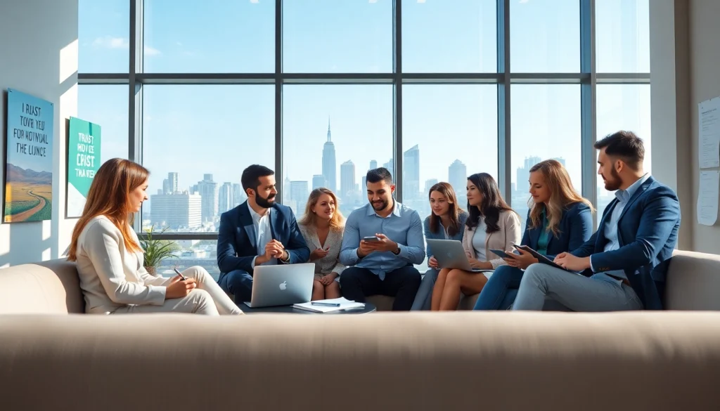 Business team collaborating in a modern office setting, showcasing teamwork and innovation.
