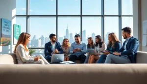 Business team collaborating in a modern office setting, showcasing teamwork and innovation.