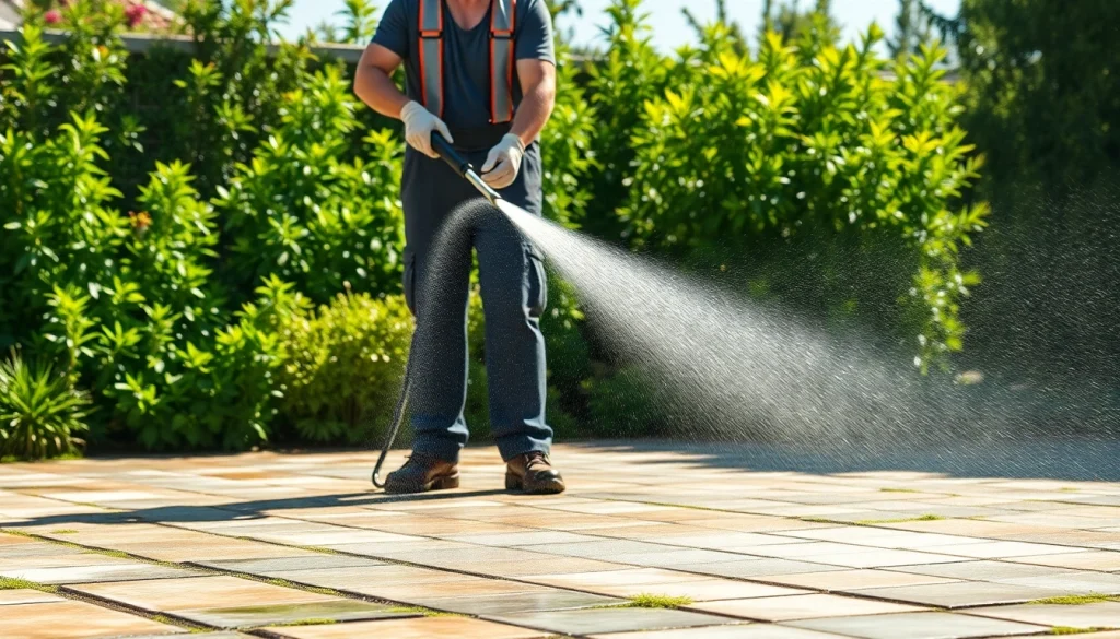 Čiščenje tlakovcev s profesionalnim tlakom pranjem v sončnem vrtu