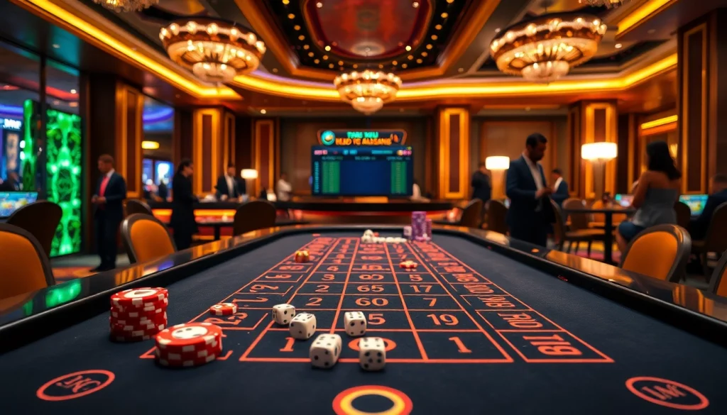 Tài xỉu md5 game table surrounded by excited players in a luxurious casino setting.