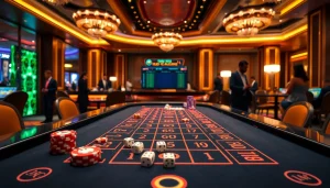 Tài xỉu md5 game table surrounded by excited players in a luxurious casino setting.