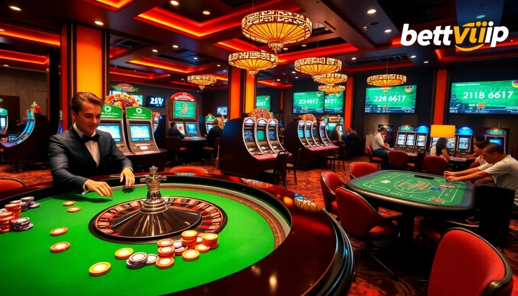 Không khí phấn khích tại casino với thương hiệu Betvip, bàn roulette và những người chơi đang tham gia.