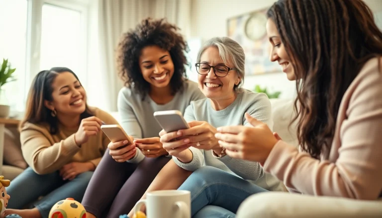 Moms collaborating on the App for moms in a cozy environment, fostering friendship and support.