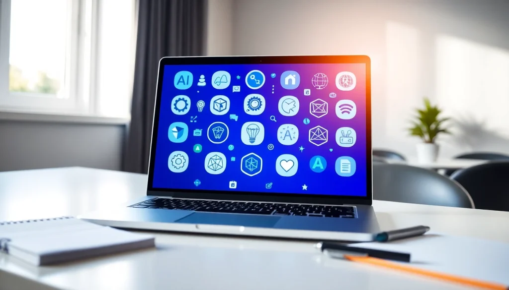Find AI with AI showcased through a vibrant digital workspace filled with diverse tools.