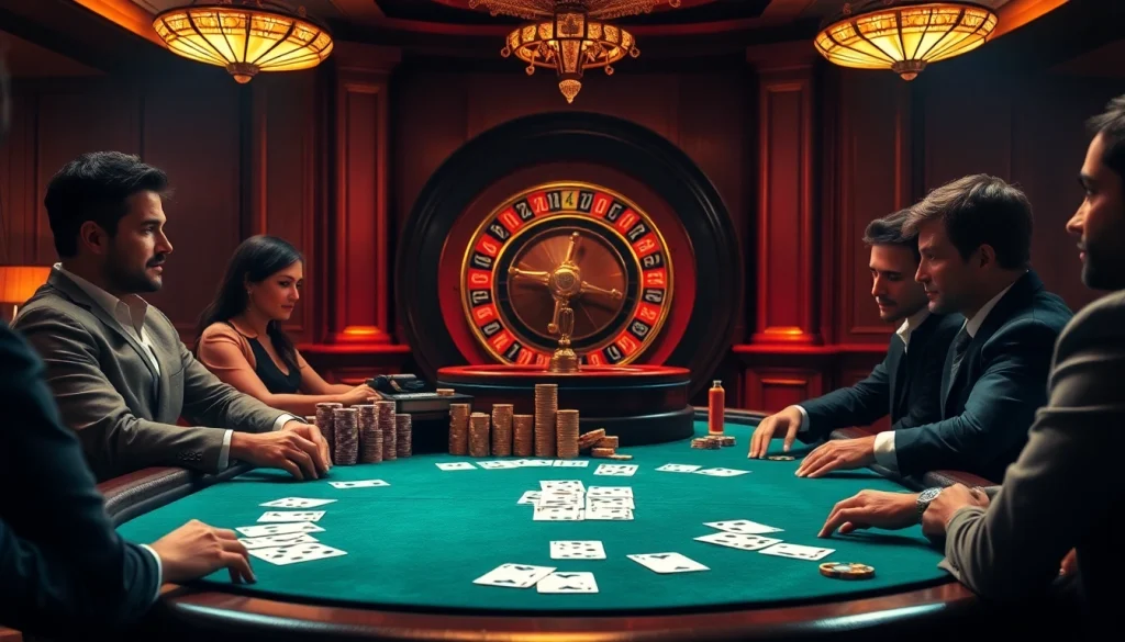 Engaging in an intense poker game at a luxurious casino environment, highlighting features from https://789betg.com/.