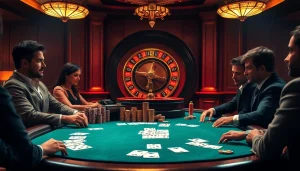 Engaging in an intense poker game at a luxurious casino environment, highlighting features from https://789betg.com/.
