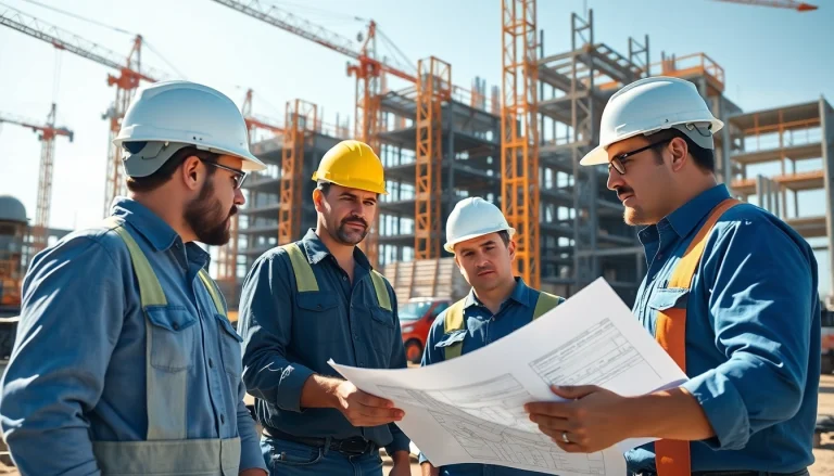 Builders networking at a South Carolina construction association site with blueprints.