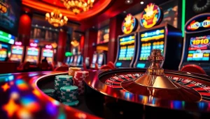 Experience the excitement at rr88 with a vibrant casino scene featuring roulette, poker chips, and slot machines.