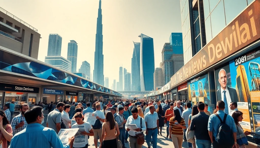 Dynamic Dubai news today scene with skyline, people engaging and digital headlines.