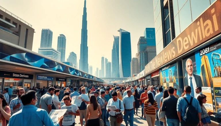 Dynamic Dubai news today scene with skyline, people engaging and digital headlines.