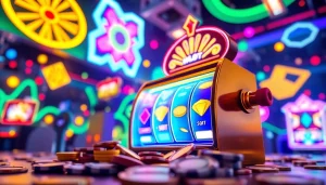 Permainan petanitoto dengan mesin slot gemerlap dan tumpukan koin teoritis.
