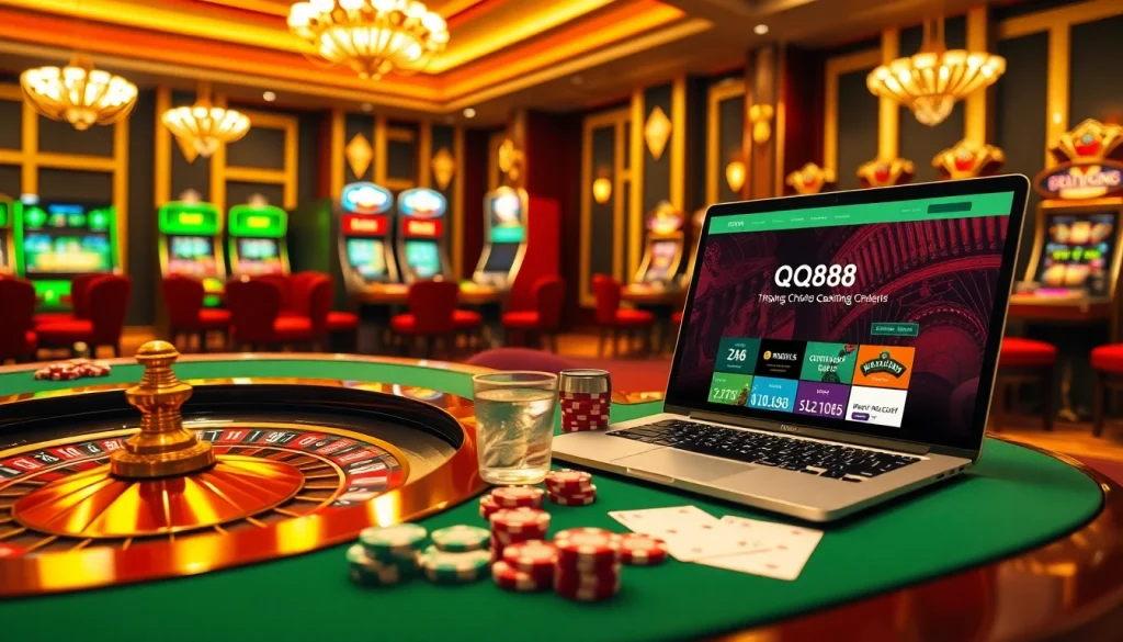 Experience the excitement of Trang Chủ QQ88 with a luxurious casino setting featuring casino tables and glowing slot machines.