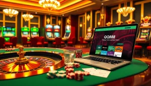 Experience the excitement of Trang Chủ QQ88 with a luxurious casino setting featuring casino tables and glowing slot machines.