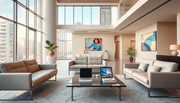 Real Estate office interior with sleek design and natural lighting showcasing modern aesthetics.