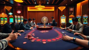 Experience the thrill of RAJABARONG at a sophisticated blackjack table in a bustling casino.