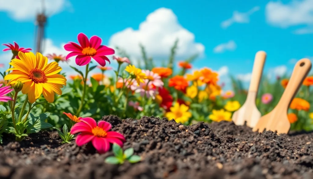 Gardening enthusiast planting seeds in a vibrant garden filled with flowers.