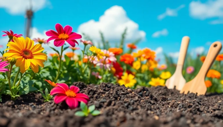 Gardening enthusiast planting seeds in a vibrant garden filled with flowers.