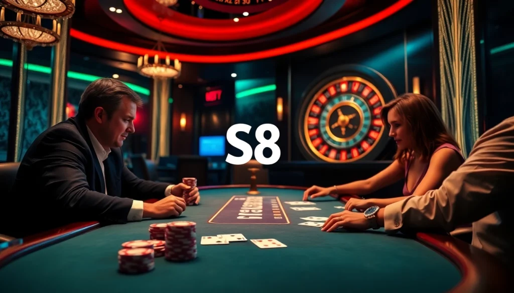 S8 players engaging in an exciting poker game with vibrant colors and luxurious casino decor
