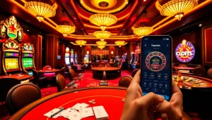 Exciting gambling scene at https://topclub.site/ with players at poker tables and vibrant slot machines.