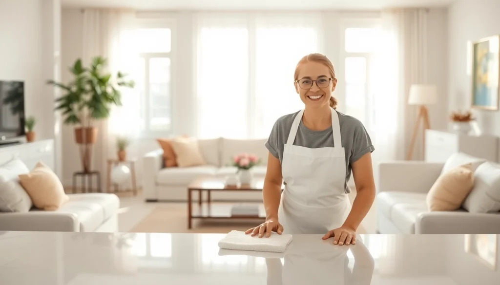 Cleaning service performed by a cheerful maid in a pristine living room with bright sunlight.