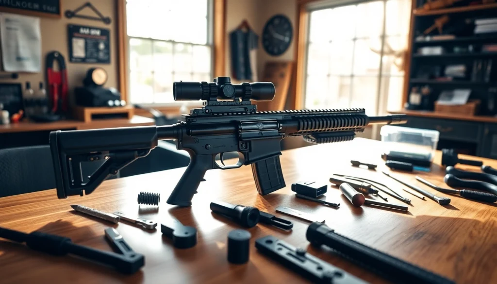 Showcasing the super safety ar15 kit on a workbench with tools, emphasizing sleek design and functionality.