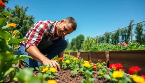 Gardening enthusiast cultivating a vibrant vegetable garden with colorful flowers.