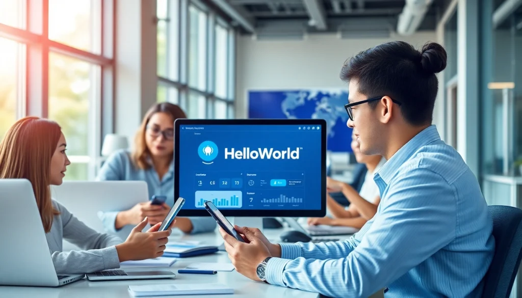 HelloWorld software interface displayed on devices in a modern office, showcasing seamless collaboration and innovation.