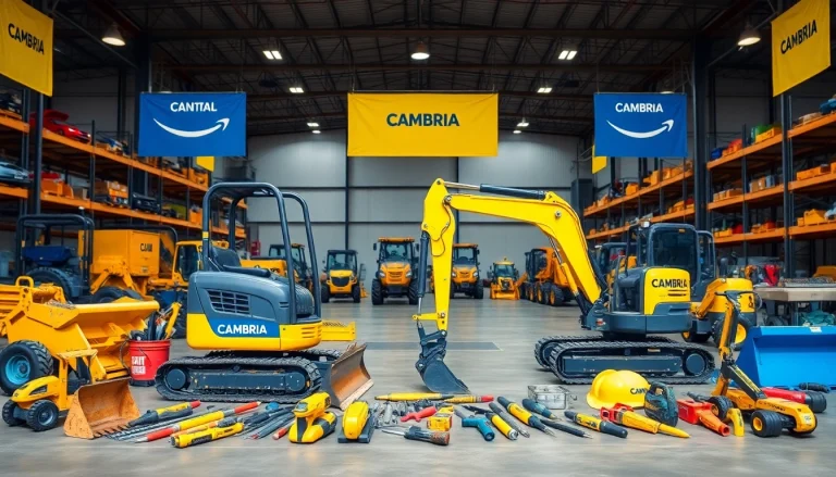 Rent high-quality Cambria Equipment Rental tools and machinery in a well-organized warehouse setting.