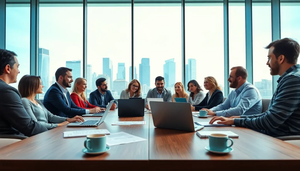 Business team engaged in a collaborative meeting with city views in the background.