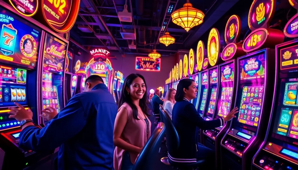 Experience the excitement of online gaming with hoki138 pro, showcasing vibrant slot machines in a modern casino.