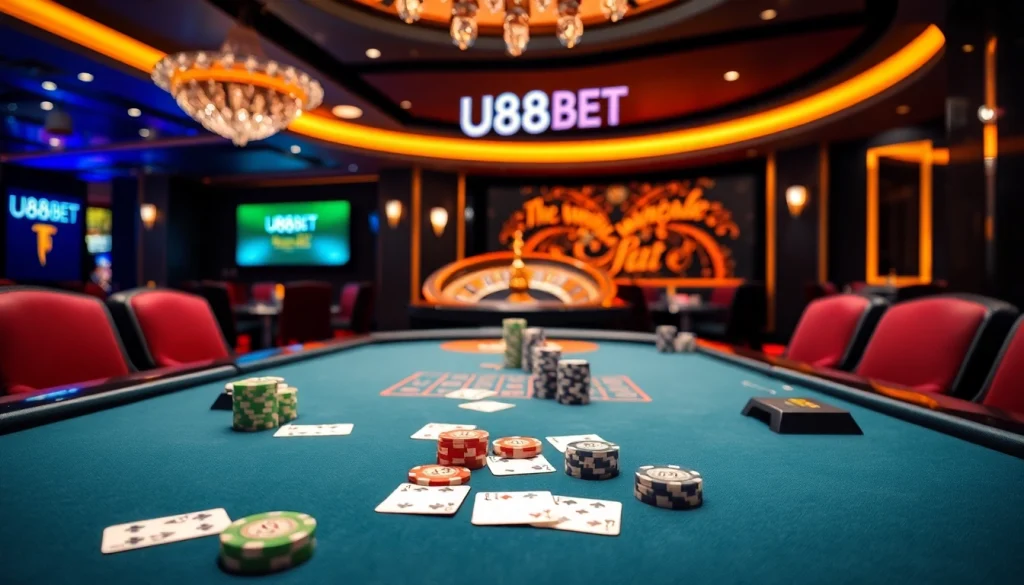 Engaging players at U888BET casino poker table with vibrant roulette wheel.