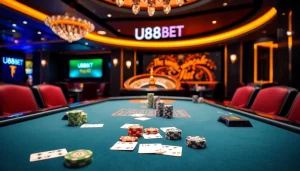 Engaging players at U888BET casino poker table with vibrant roulette wheel.