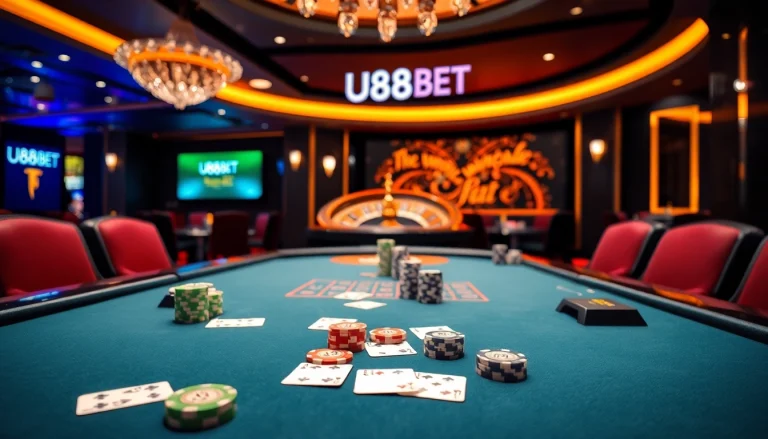 Engaging players at U888BET casino poker table with vibrant roulette wheel.