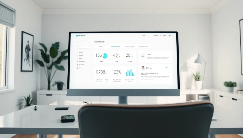 Explore trevia.com with a professional digital health interface in a sleek office environment.