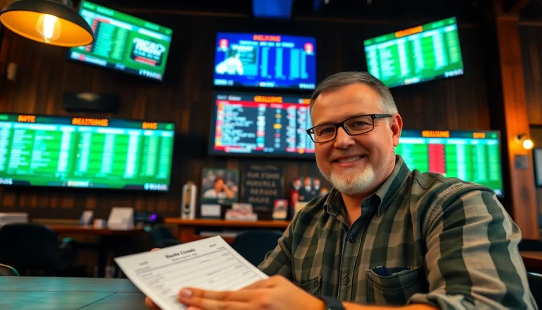 Engaging scene of sports betting in South Carolina at a local betting shop, showcasing vibrant atmosphere.